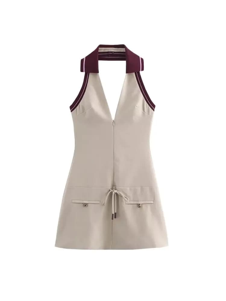 TRZA-Women's Front Zipper Patchwork Mini Dress, Halter Neck, Backless, Female Dresses, Sexy Fashion