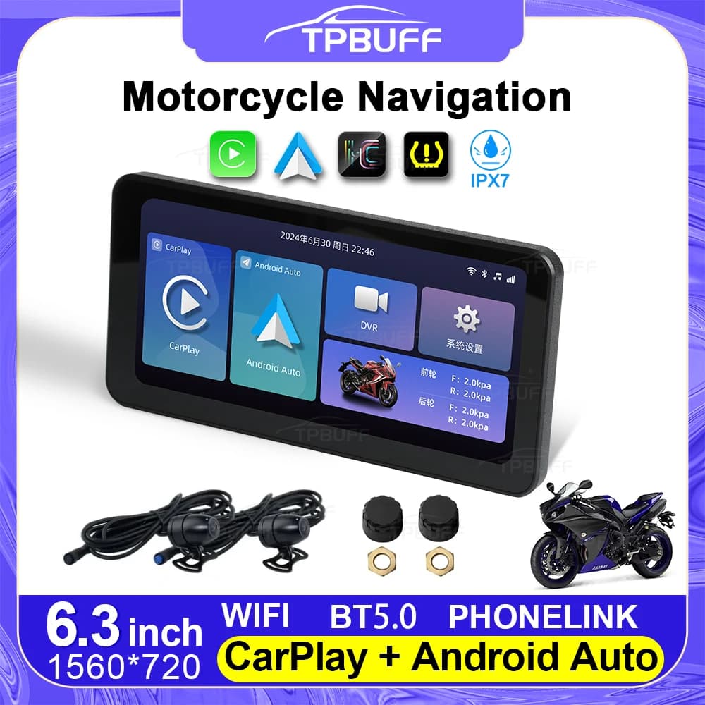 L300 New Motorcycle navigation 6.3inch Screen Wireless CarPlay Android Auto Motorcycle GPS Moto DVR Monitor TPMS Optional