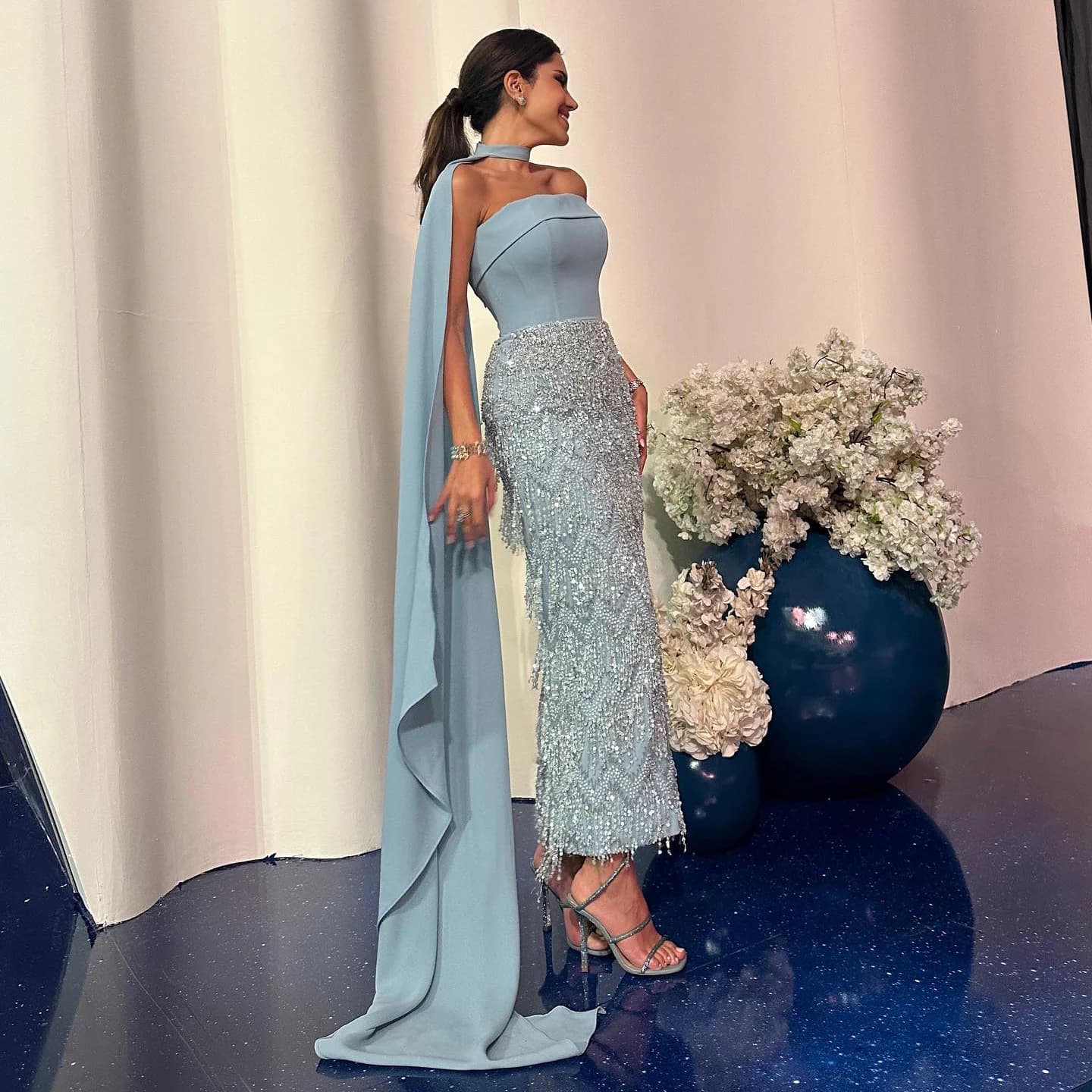 Sharon Said Arabic Turquoise Blue Tassel Evening Dress with Cape Dubai Sage Green Women Wedding Party Gowns SS143 Customized