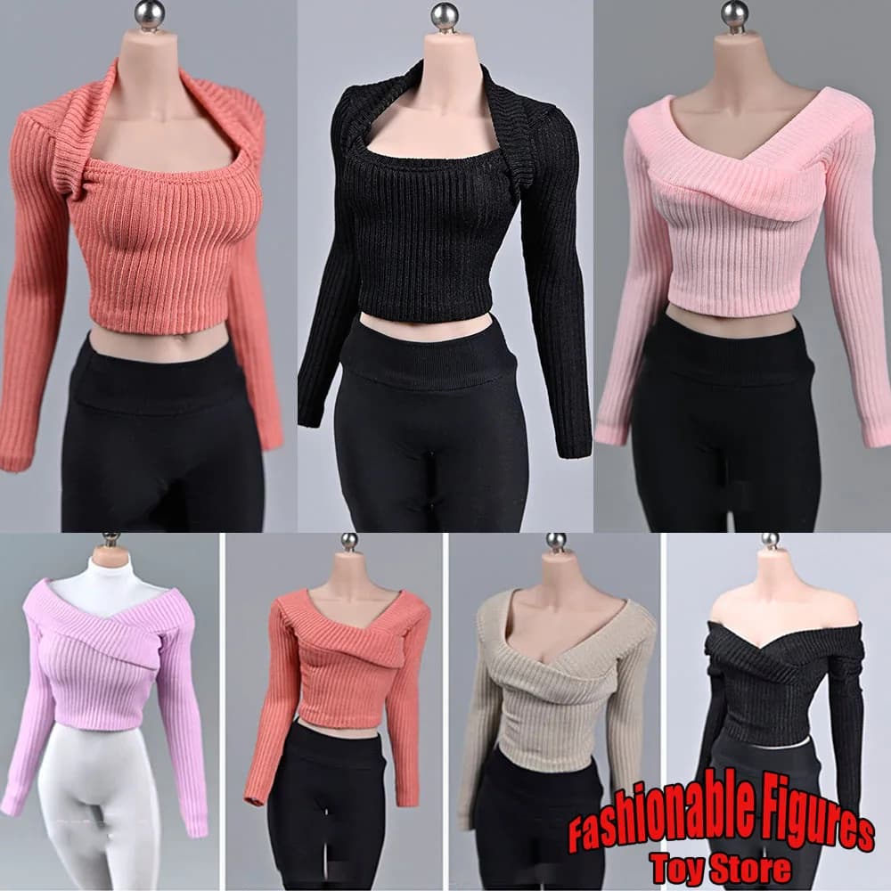 2 Style 1/6 Women's Sweater Sexy Irregular Off Shoulder Knitted Pullover Slim Long Sleeve Jumper Fit 12" Action Figure Body Doll