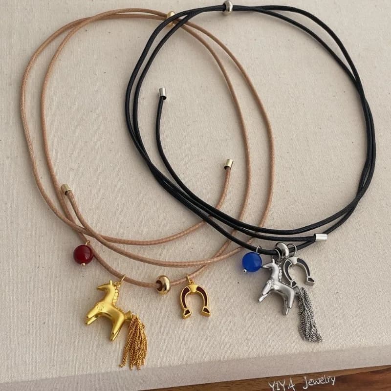 Minar Funny Metallic Cartoon Horse Multi Tassel Beads Pendant Necklaces for Women Female Adjustable Long Wax Rope Chain Chokers
