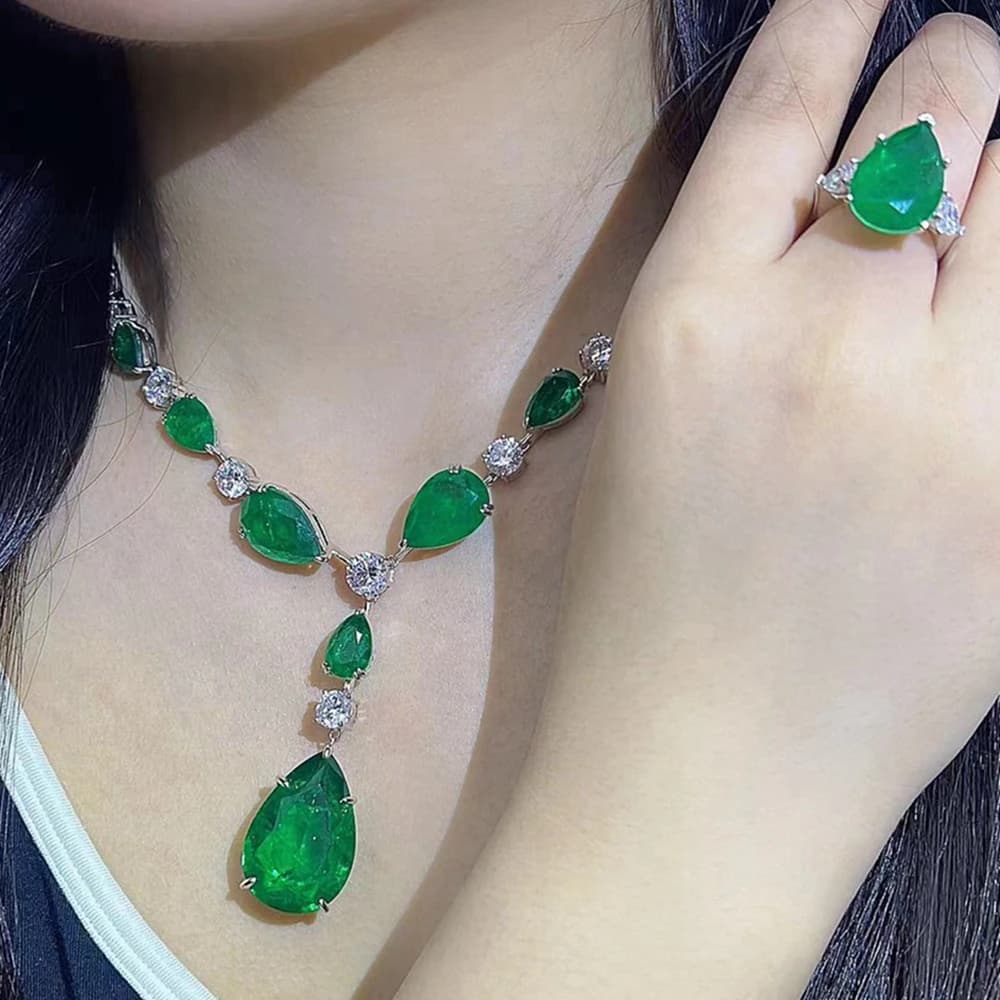 KQDANCE 925 Sterling Silver Large Green Tear Drop Lab Created Emerald High Carbon Diamond Tennis Chain Necklace Luxury Jewelry