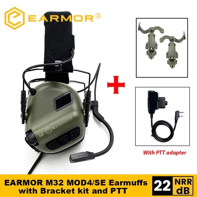 EARMOR M32 MOD4/SE Shooting Earmuffs Tactical Noise Reduction Headset with Helmet ARC Rail Adapter with Kenwood PTT adapter New