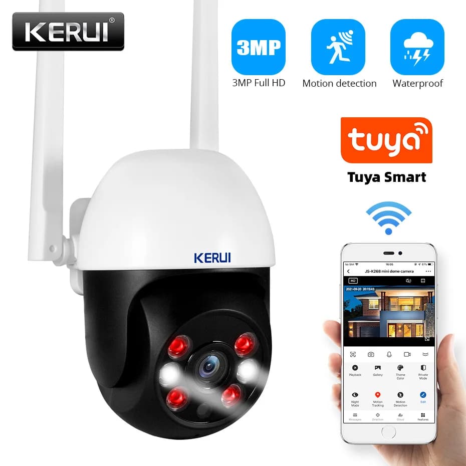 KERUI Tuya WIFI IP Camera HD 3MP 5MP Home Security Wireless Outdoor Video Surveillance Camera PTZ Rotation Motion Detect Alert