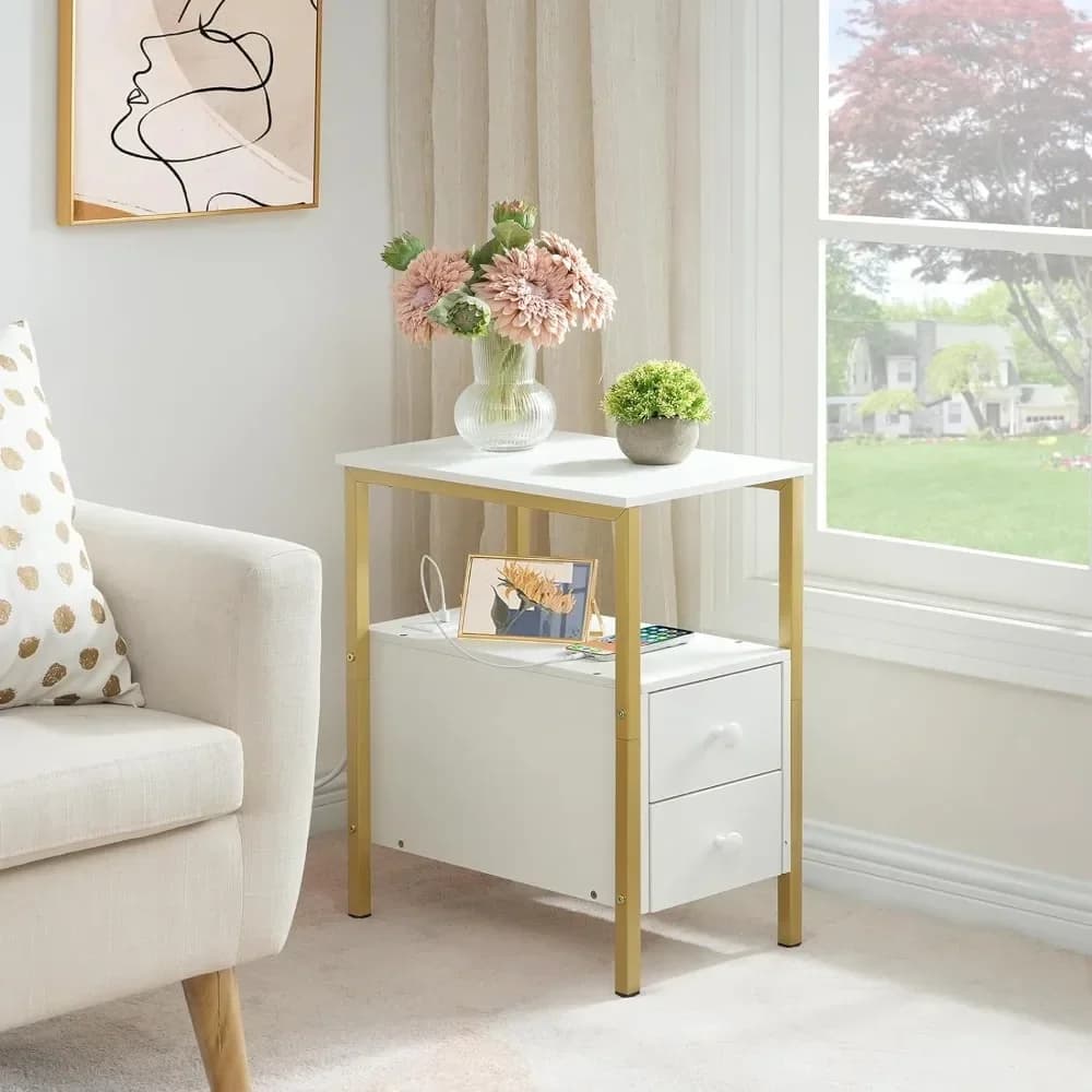 End Table with Charging Station, Narrow Side Table with 2 Drawer & USB Ports & Power Outlets, Nightstand for Small Spaces