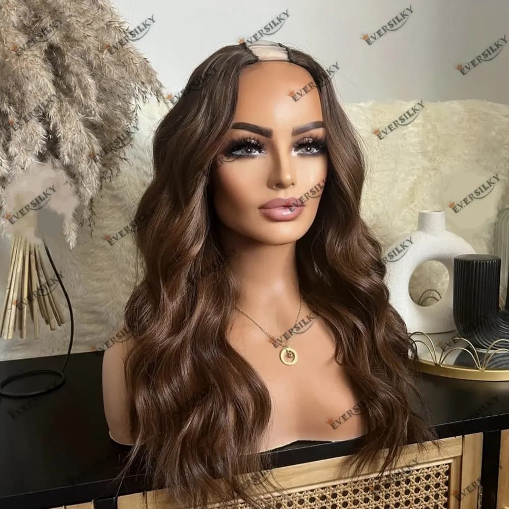 Chocolate Brown Body Wave Glueless U Part Wig Human Hair No Leave Out 1x4 Size V Part Wigs for Women Easy Wear With 6 Clips