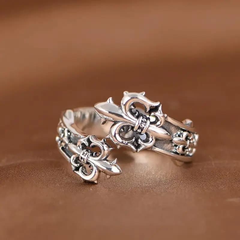 S925 sterling silver niche style open boat anchor ring flower-de-Luce crusader flower hip hop trend personality ring bracelet