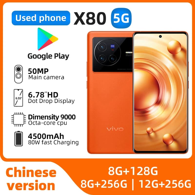 Vivo X80 Mobile Phone 6.78" AMOLED 120HZ 80W Charger 4500mAh Dimensity 9000 Face ID Screen Fingerprint 50.0MP used phone