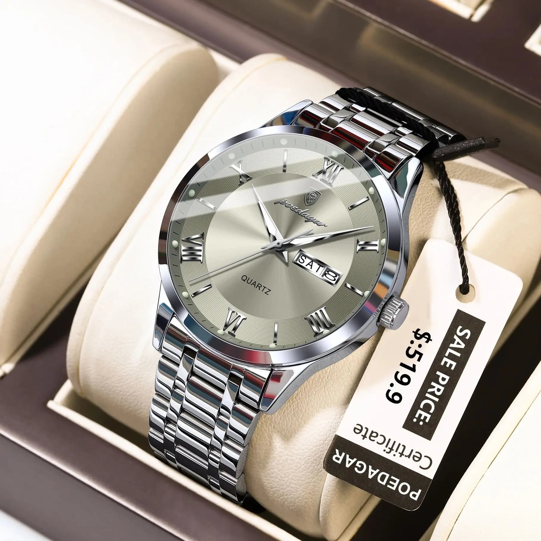 POEDAGAR Business Fashion Man Watch Waterproof Luminous Date Week Male Wristwatch Stainless Steel Quartz Men Watches Reloj +Box