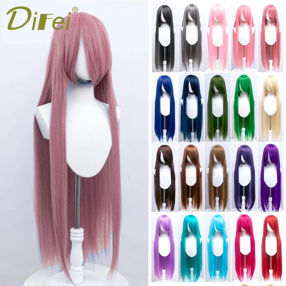 DIFEI 39Inch Synthetic Wig Cosplay Role Universal Pink Blue Green Long Straight Hair With Bangs Christmas Party Wig