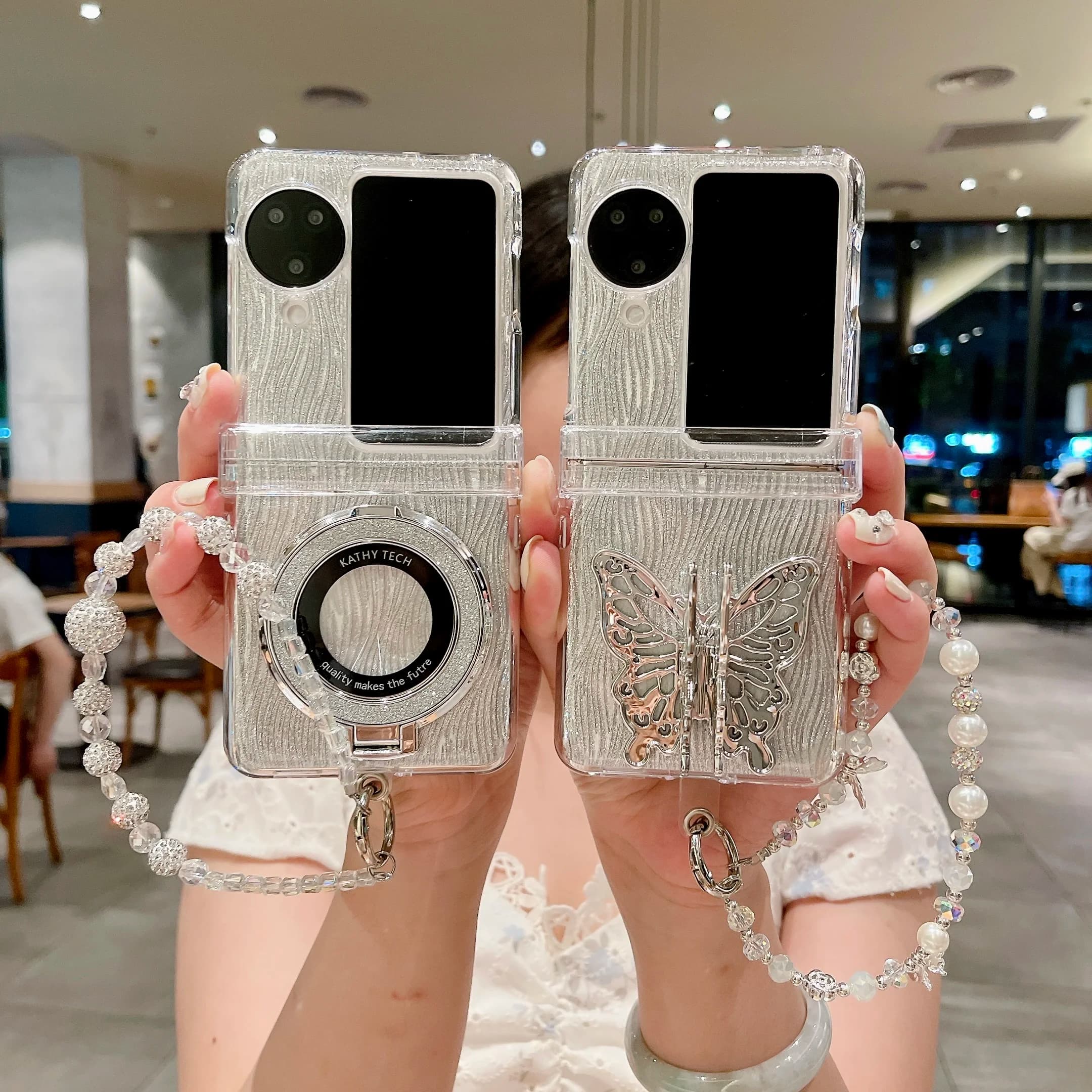 Water Ripple Paper Butterfly Holder Bracelet Wristband Chain Hard Acrylic Shockproof Phone Case For OPPO Find N3 N2 Flip Cover