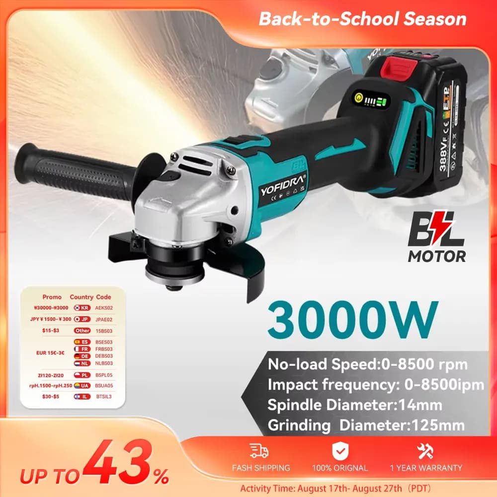 Yofidra 125mm Brushless Angle Grinder 4 Gears Cordless Grinding Machine Cutting Woodworking For Makita 18V-21V Battery Pin