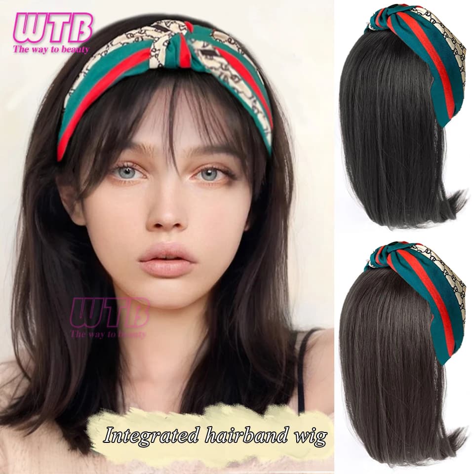 WTB Synthetic Short straight Headband Wig Female Brown Black Cosplay Natural Heat Resistant Half Hair Wig for Women