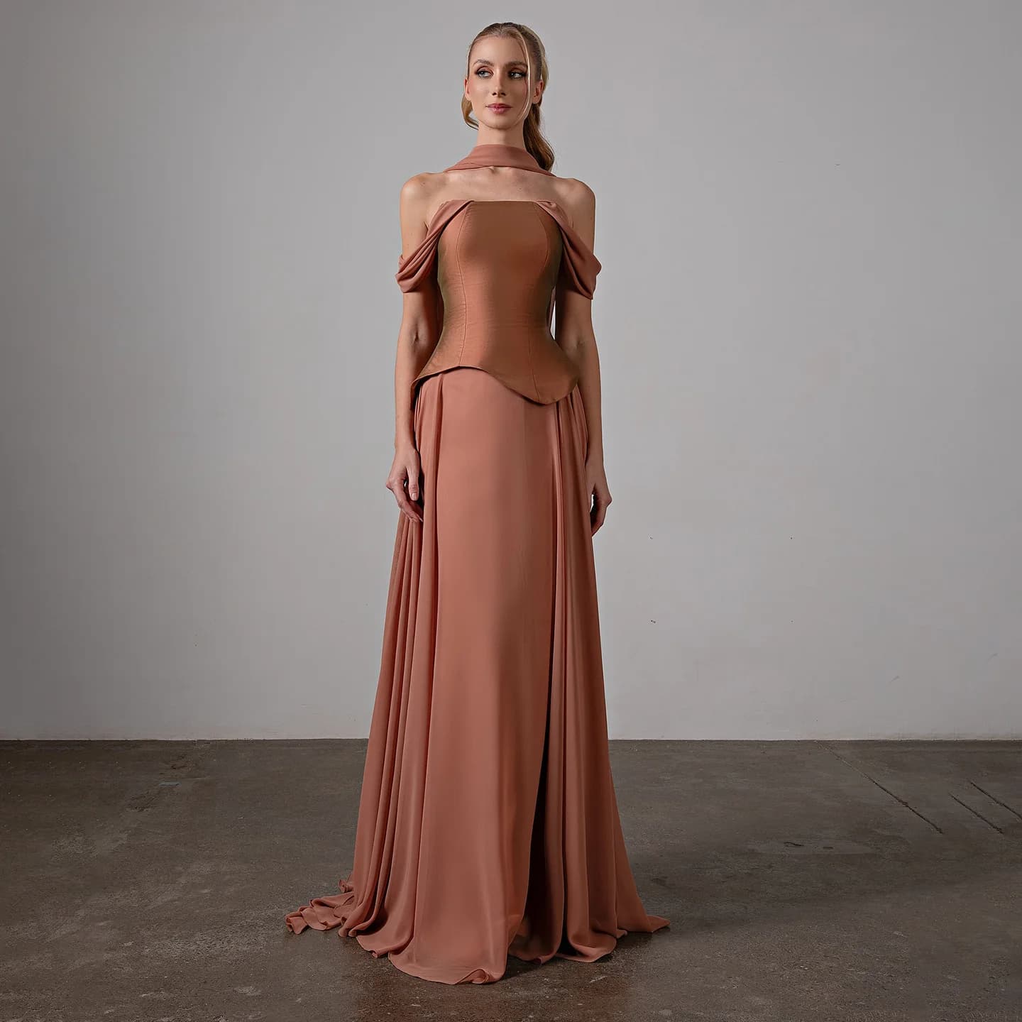 Sharon Said Elegant Brown Off Shoulder Evening Dress with Scarf Chiffon Arabic for Women Wedding Dress Gown SF593 Customized
