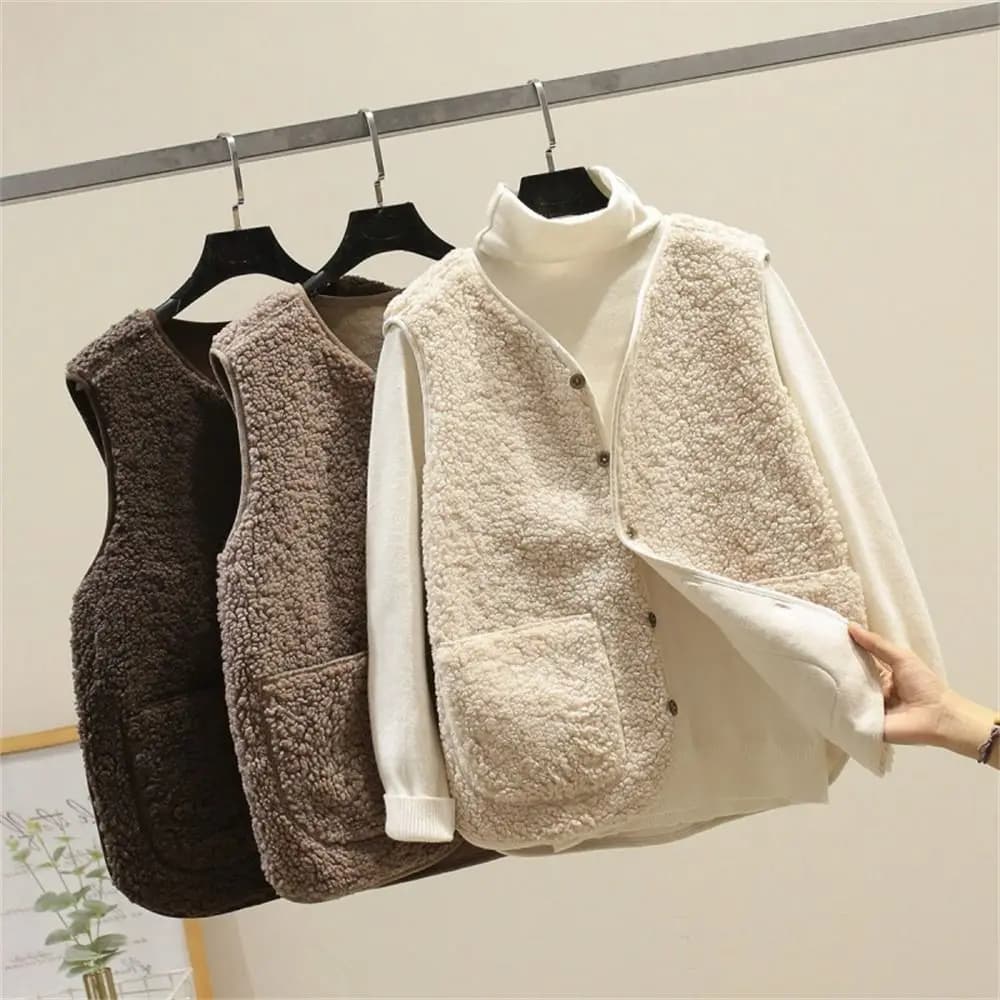 Fashion Lamb Hair Winter Fleece Vests Thermal Solid Color Button Waistcoat Short Type Warm Thick Ladies Coats for Spring Autumn