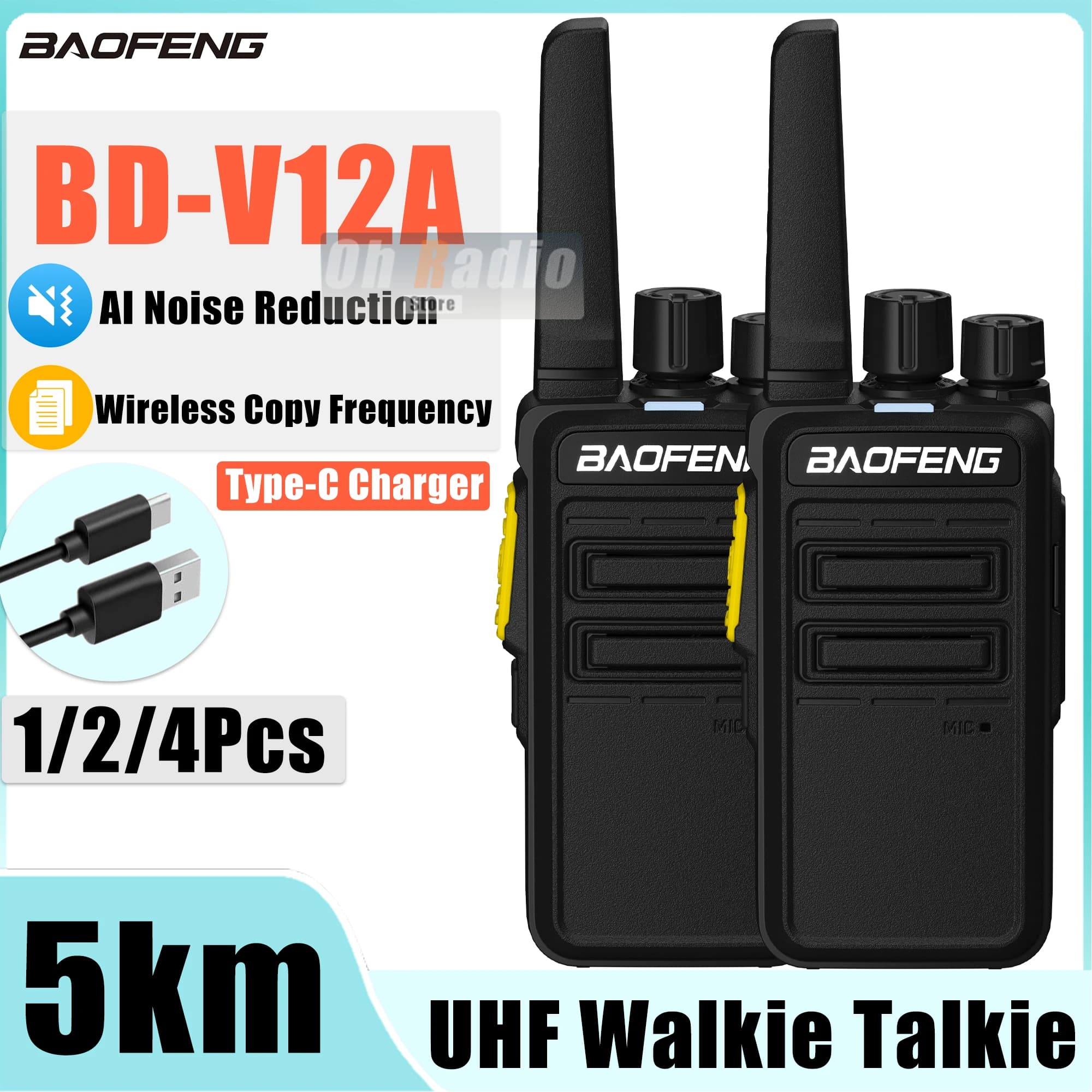 2/4PCS Baofeng BD-V12A Mini Walkie Talkie Noise Reduction Wireless Copy Frequency Type-C Charger V12-A Ham Two Way Radio Hunting