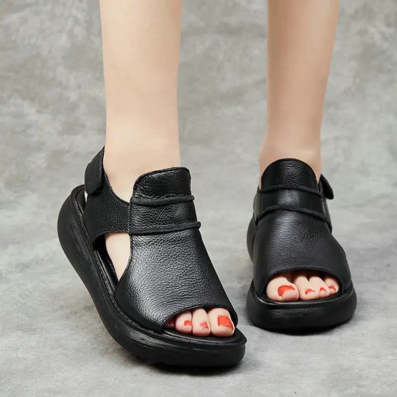 Women Summer Sandals Genuine Leather Flat Platform Sandals For Women Hollow Out Breathable Wedge Sandals Ladies Casual Sandals