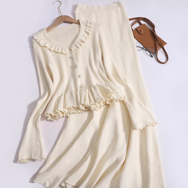 Spring Two Piece Sets Women Knitted Sweater Skirt Suit Lace Doll Collar Knit Top+Elegant Fishtail Long Skirt Two-piece Set