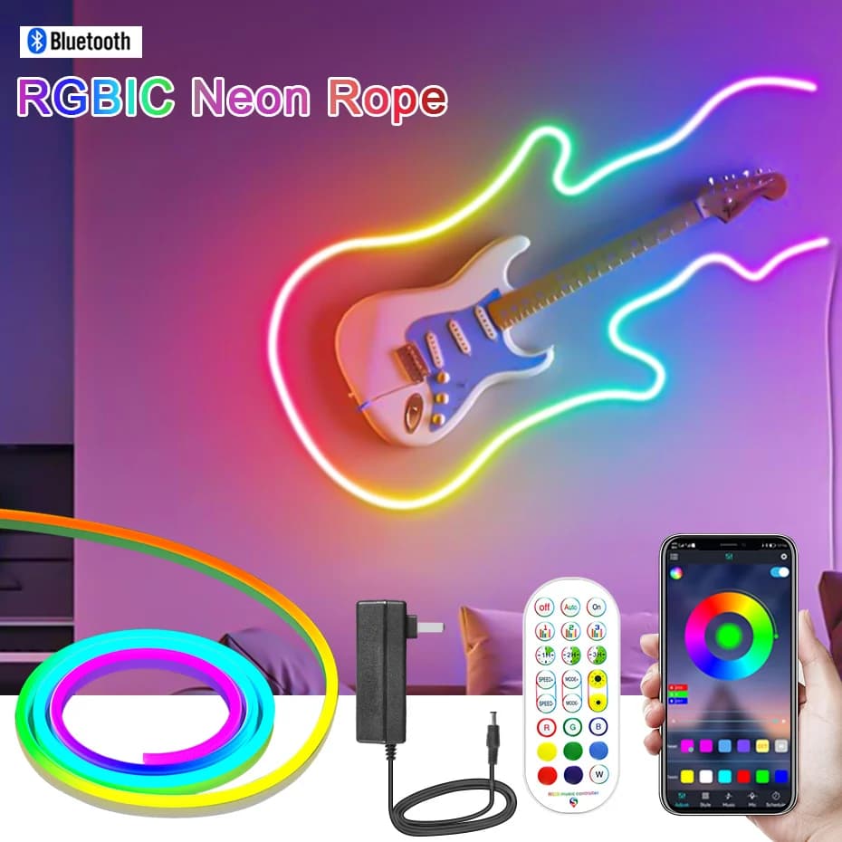 5M 10M Smart Bluetooth RGBIC Neon Led Strip Light 12V Waterproof Dream Full Colors Flexible Led Neon Lights Bedroom Party Decor