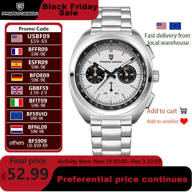 PAGANI DESIGN 2025 New Panda Dial Men Watches Luxury Quartz Watch For Men Japan VK63 Sport Chronograph Sapphire glass Wristwatch