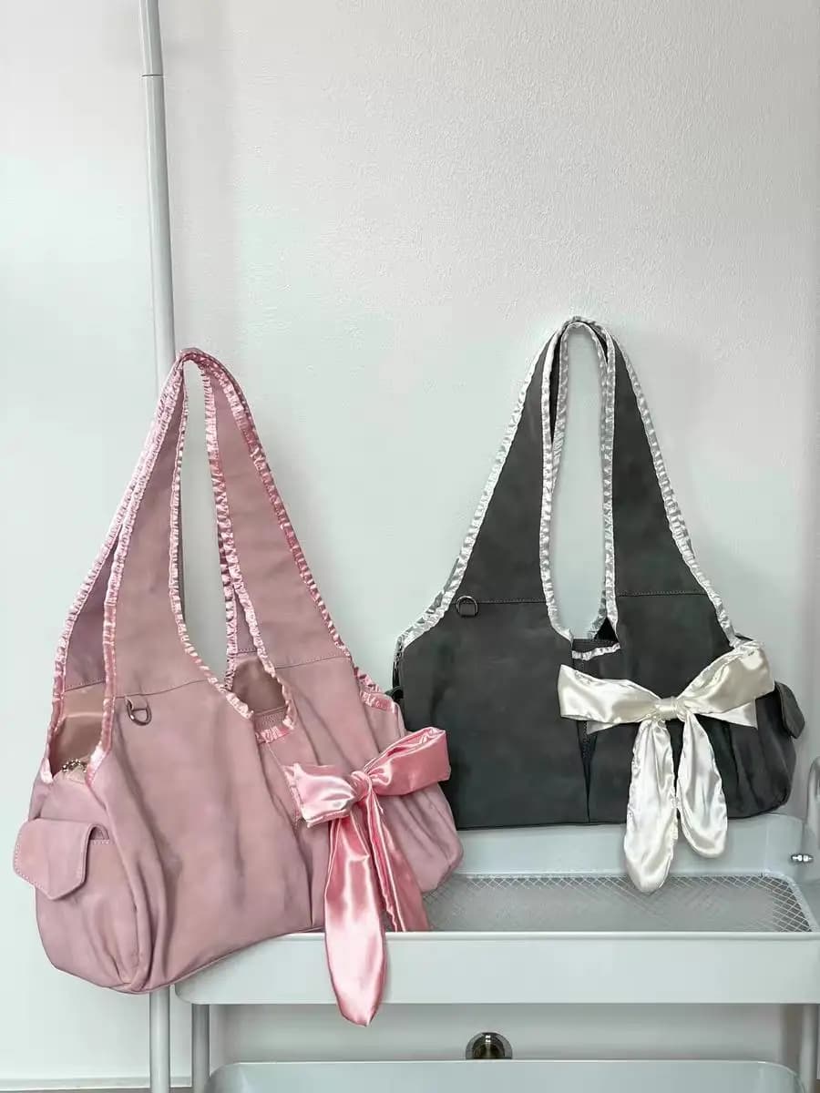 JIAERDI Harajuku Large Capacity Tote Bag Women Fairycore Aesthetic Bow Chic Grey Handbag Female Vintage Cute Shoulder Bags New