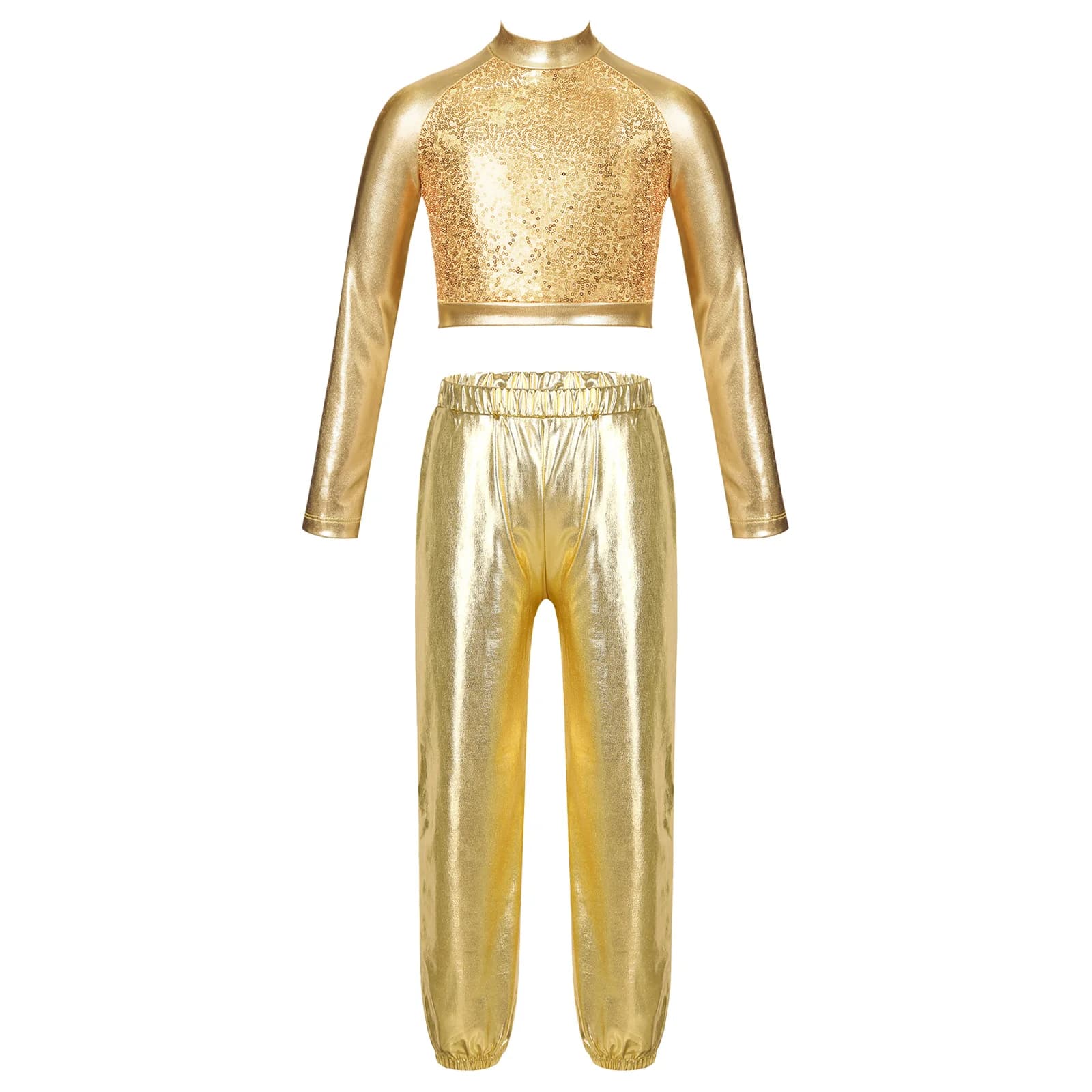 2PCS Kids Girls Glossy Metallic Dance Outfit Long Sleeve Sequin Crop Top And High Waist Dance Pants Suit Performance Costumes