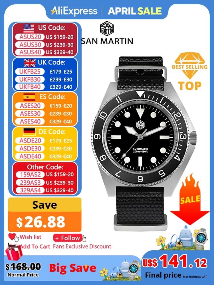 San Martin New 40mm Diving Watch NH35 Automatic Men Mechanical Wristwatch Sapphire Nylon Strap Full Luminous Waterproof 200m