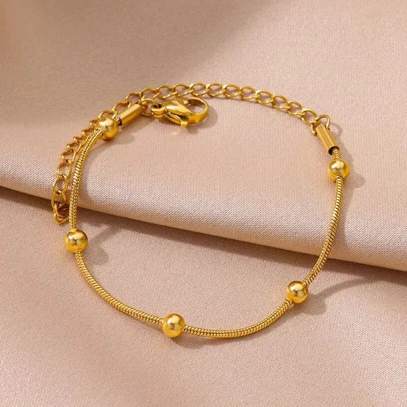 Stainless Steel Beaded Round Snake Chain Bracelets For Women Gold Color Geometric Bracelet Luxury Wedding Party Jewelry Gift