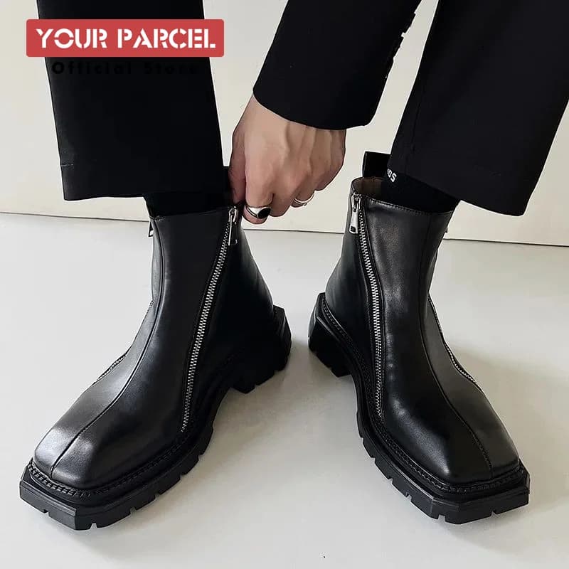 Original zippered square toe high top leather shoes for men's Korean classic casual niche design, thick sole sleeve for women's