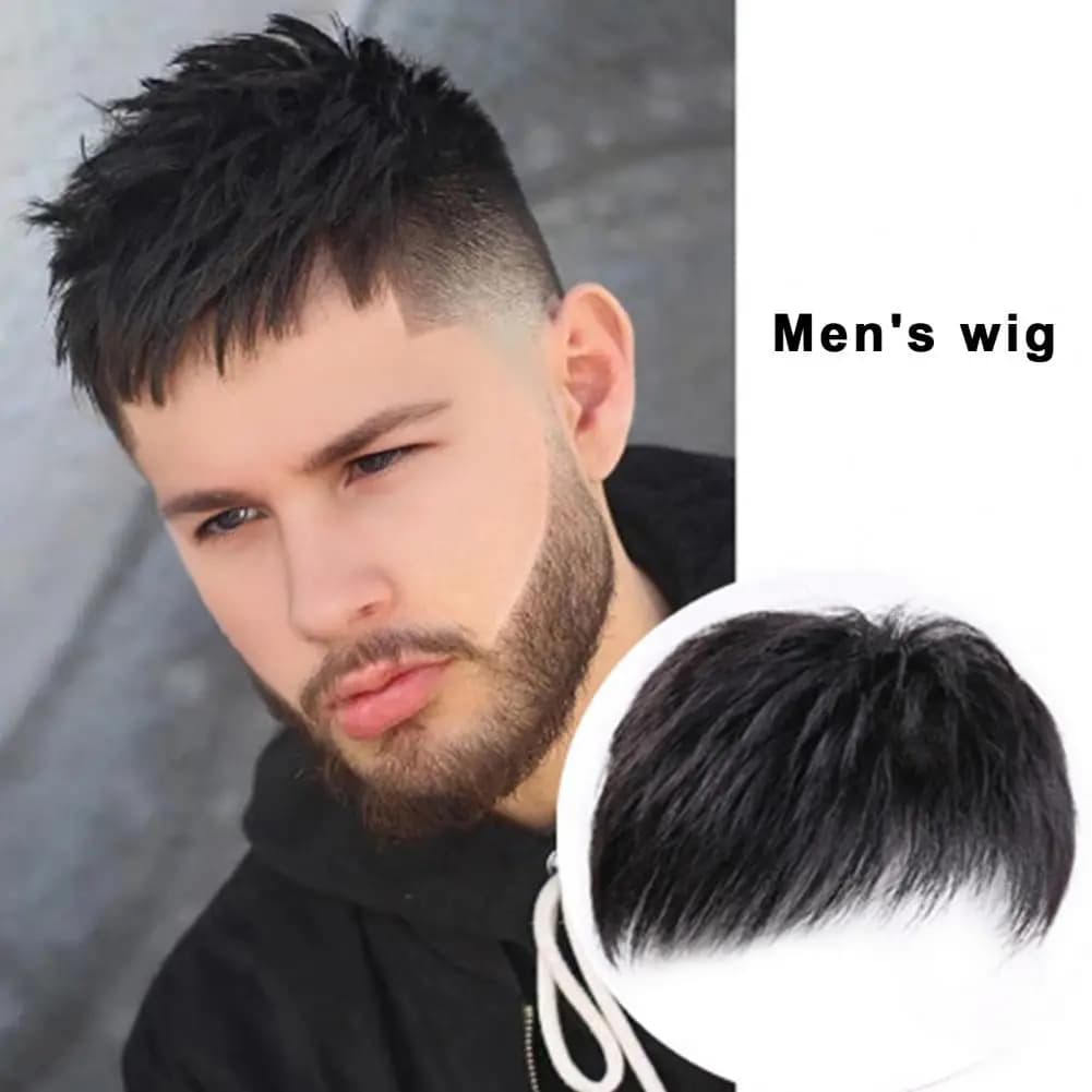 13cm Men Short Straight Topper Hairpiece With Bangs Spots Gray Hair Coverage Natural Male Black Wig Synthetic Hair Wig Supply