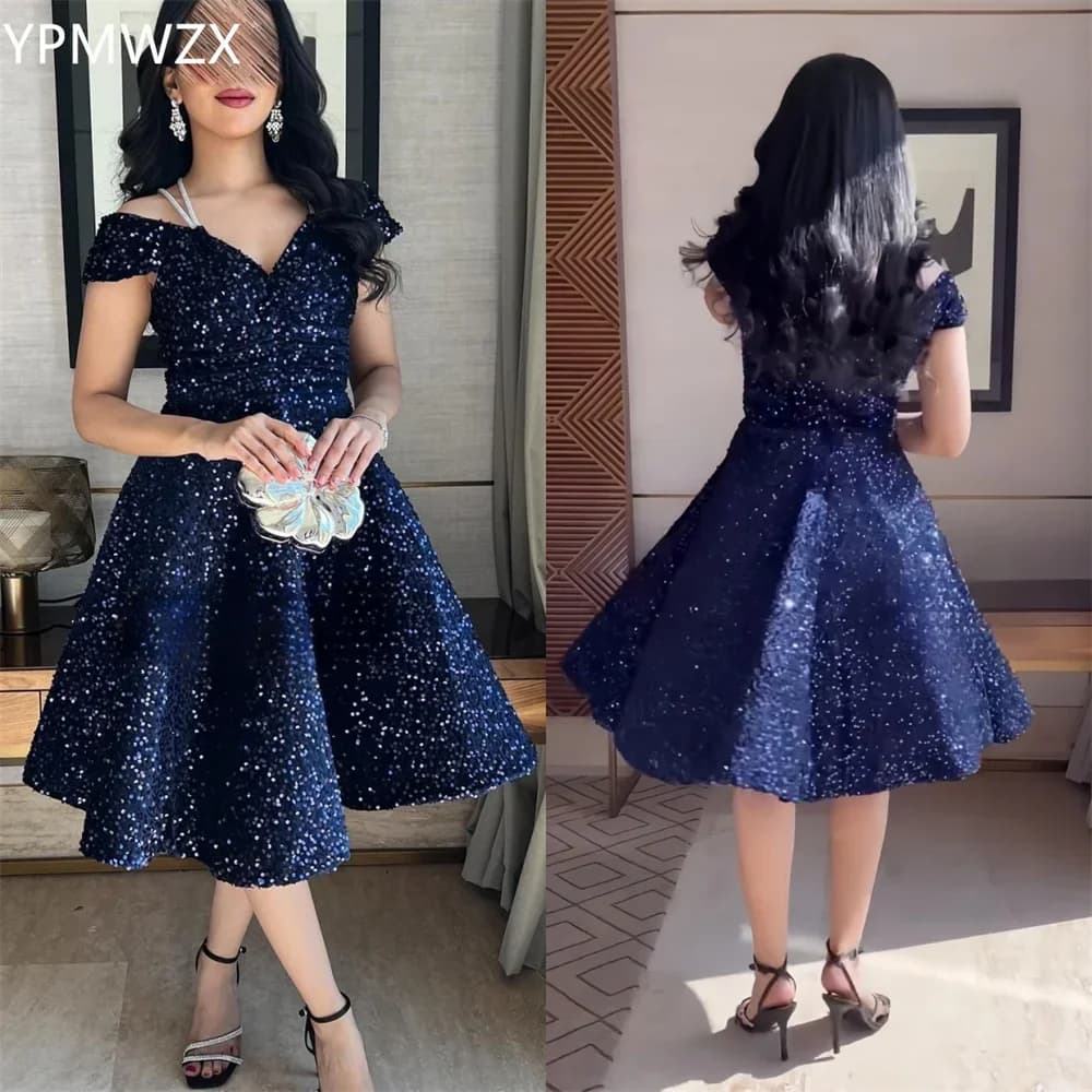 Customized Evening Dress Women Prom Gown Formal YPMWZX Off-the-shoulder A-line Tea Length Skirts Draped Sequin Bespoke Occasion