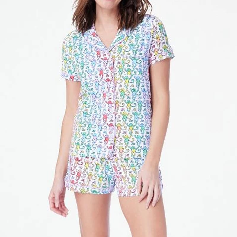 Rainbow Monkey Print Comfy Lounge Pajama Y2K Vintage Short Sleeve Blouse Shirt Top + Shorts 2 Piece Set Outfits Women  Sleepwear