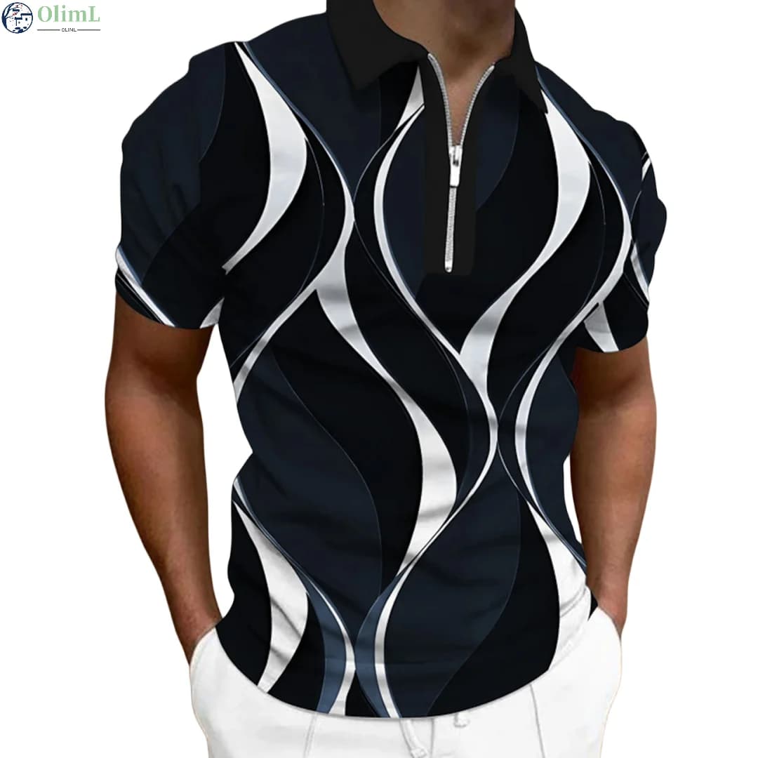 Men'S Zip Polo Lapel Polo Shirt Golf Shirts Graphic Prints Geometry Linear Turndown Short Sleeves Zipper Clothing Tops Designer