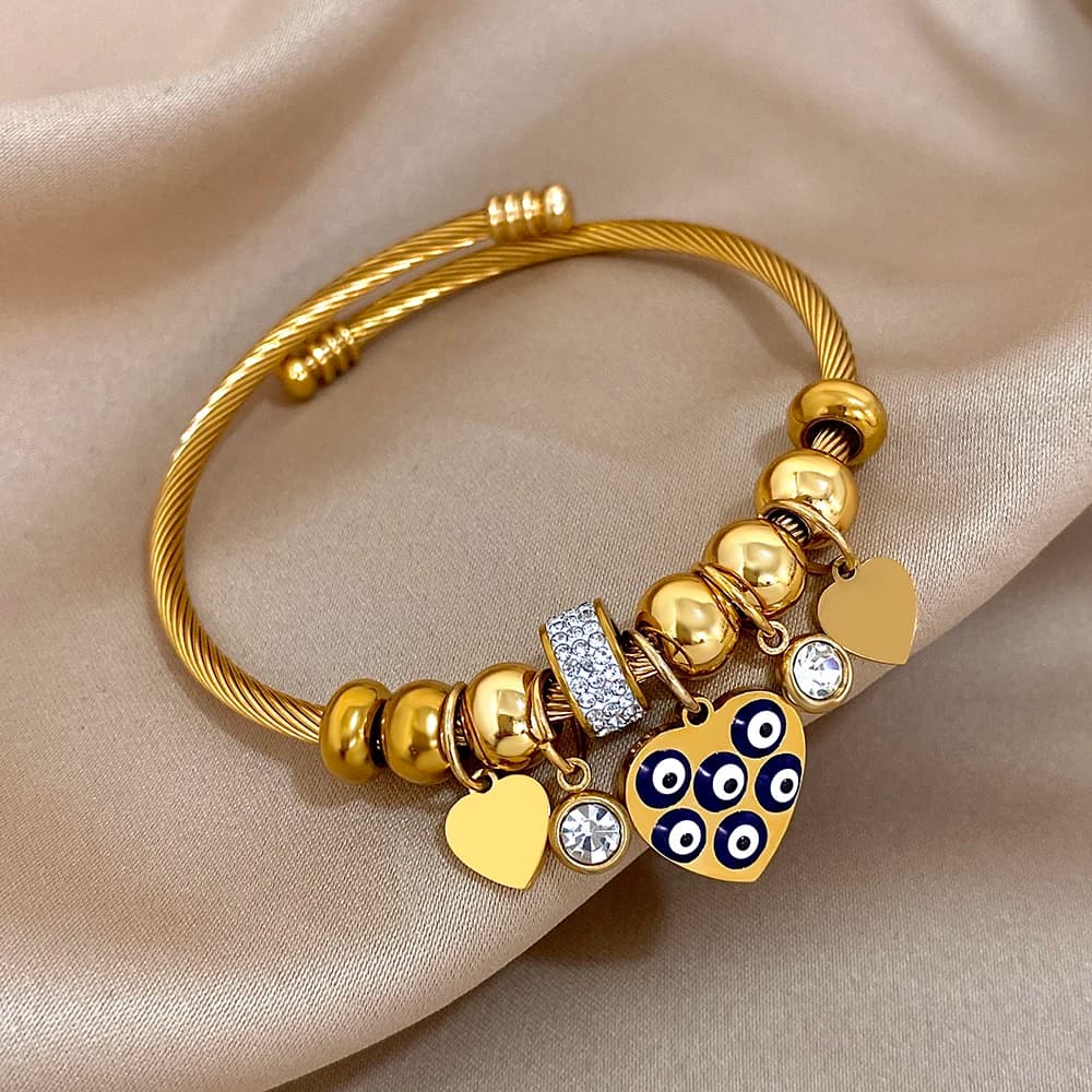 1pc Gold Color Evil Eyes Love Heart Blue Rhinestone Beads Charm Fit Bracelet for Women Men Beaded Jewelry DIY Making Jewelry