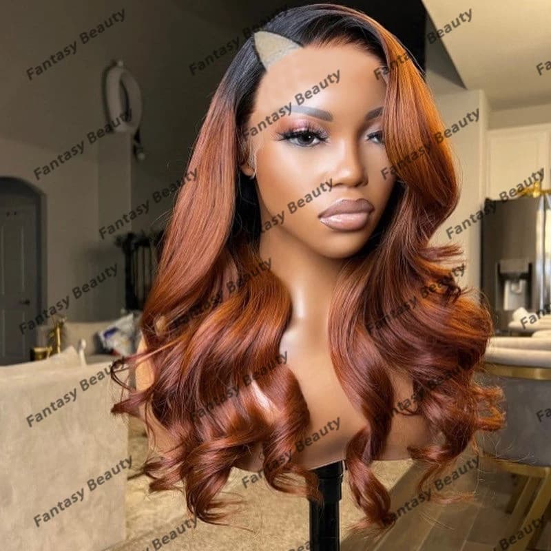 Ombre Copper Brown Long Wavy Human Hair Adjustable V Part Wigs for Black Women Glueless Orange Blonde Easy Wear V Part Wigs Remy