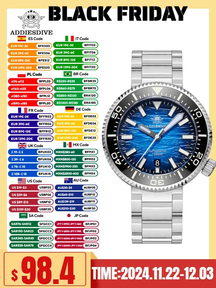 ADDIESDIVE Top Watch For Men's reloj hombre 100Bar Waterproof BGW9 super luminous Sapphire Crystal Automatic Mechanical Watches