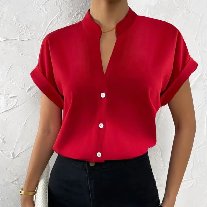 Summer Minimalist Women's V-neck Shirt 2025 Elegant Women's Satin Red Short Sleeved Single Breasted Casual Fitting Office Shirt