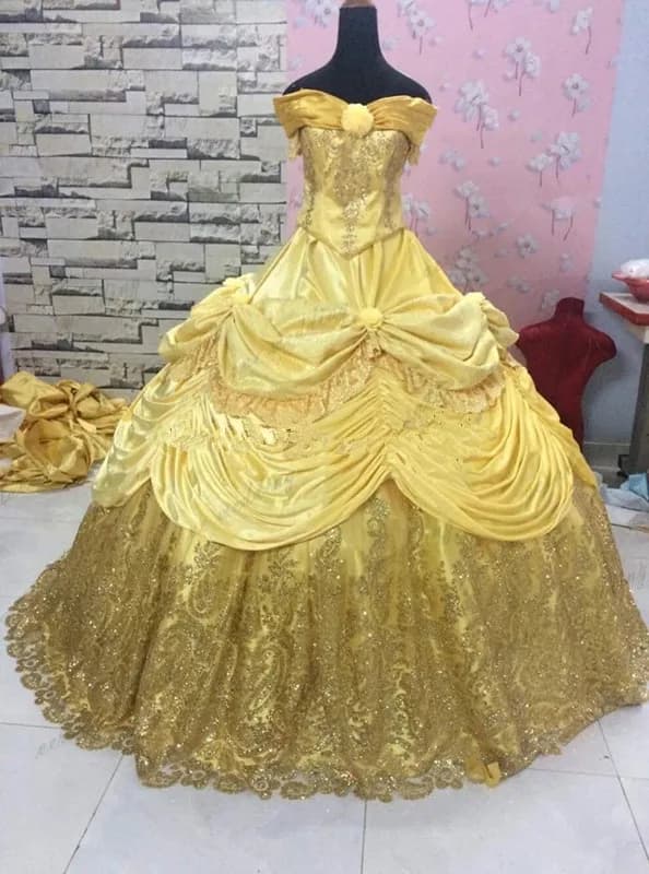 Bright gold Quinceanera Prom Dress Lace-up corset gothic cosplay Applique Long Sweet 16 Dress Prom Party Birthday Gown customsiz