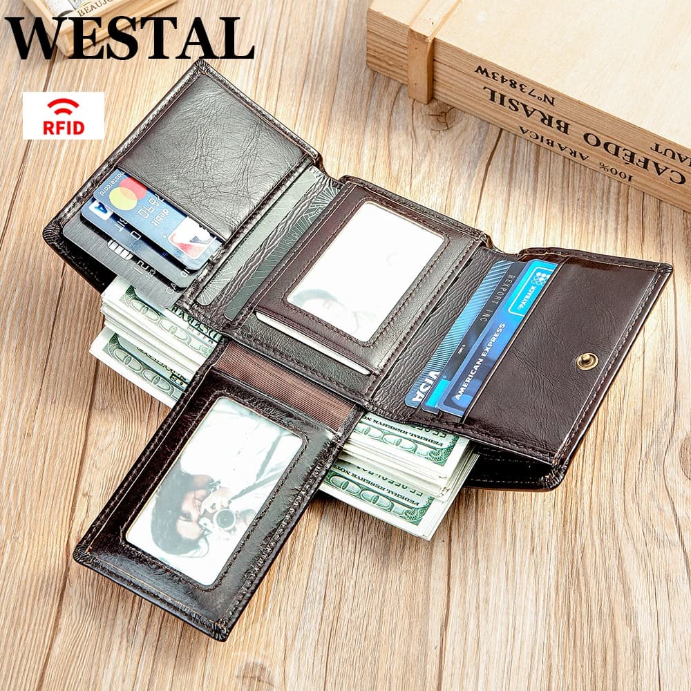 WESTAL RFID Wallet for Men Genuine Leather Coin Purse Men Thirdfold Wallets Clucth with Mulitfile Card Slots Money Bags 1134