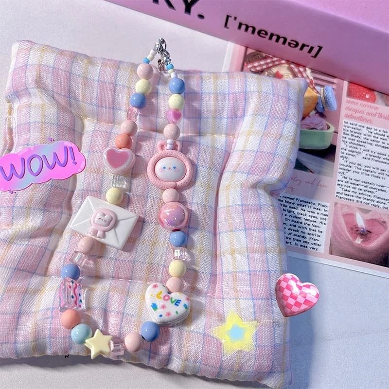 Korea Cute Pink Rabbit Heart Star Bead Beaded Phone Chain Charm Lanyard For iPhone Hanging Rope Women Jewelry Pendant Decoration