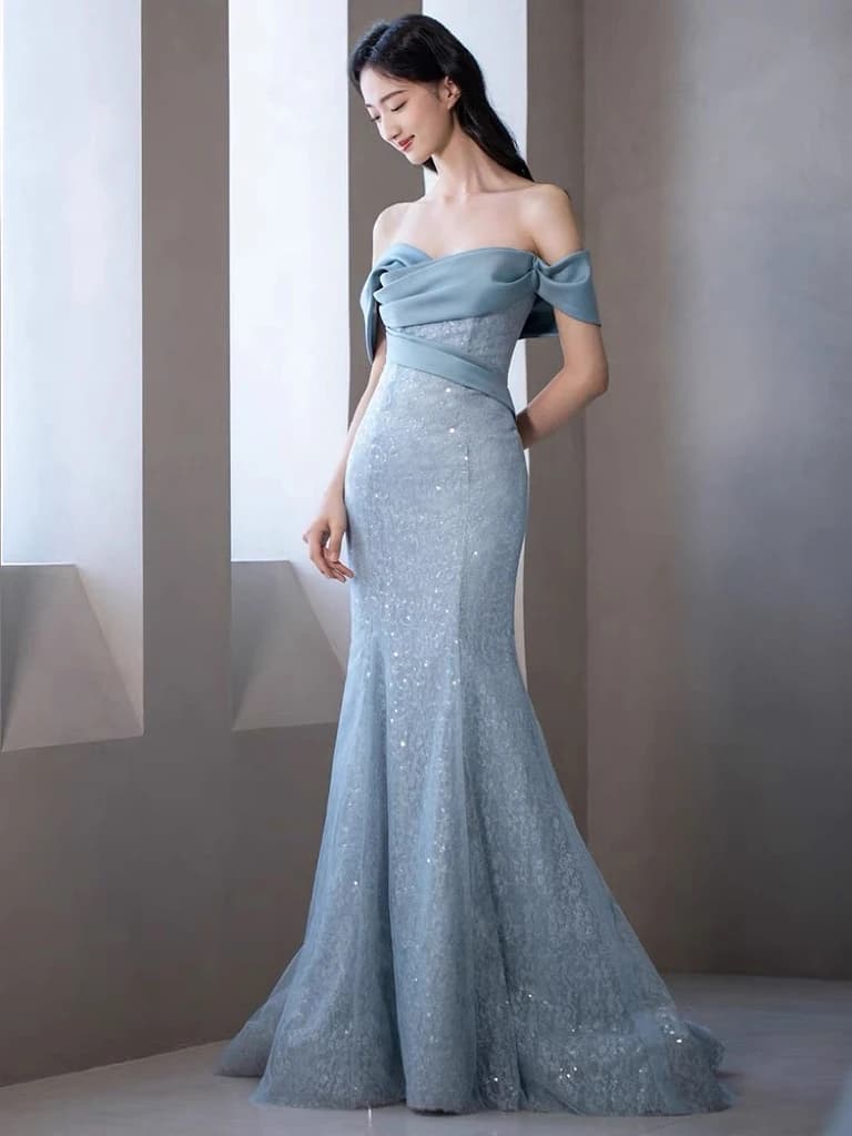 Mermaid Prom Dresses Off the Shoulder Blue Sequins Pleated Woman Graduation Celebrity Host Slim Performance Evening Gowns New