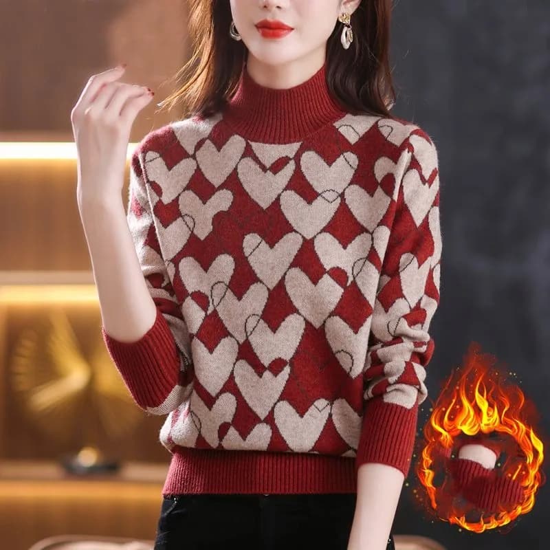 Women's Pullover Patchwork Half High Neck Printing Love Sweater Autumn and Winter Fashion Slim Long Sleeve Office Lady Knit Tops
