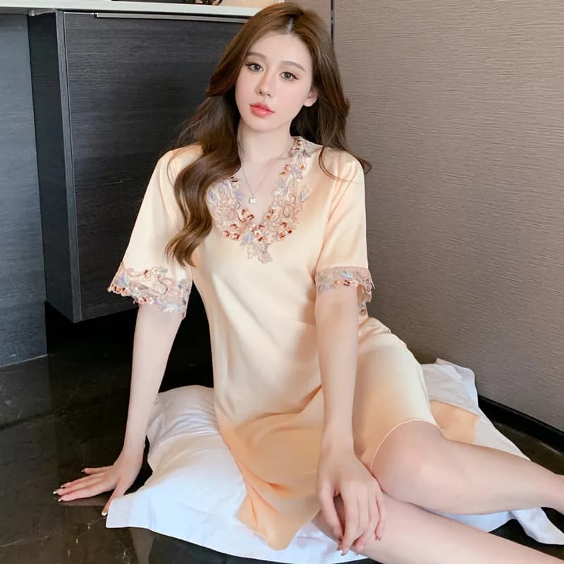 Colorful Lace Silk Nightdress Homewear Women's Ice Silk Nightdress Summer Internet Celebrity Dress Noble Homewear