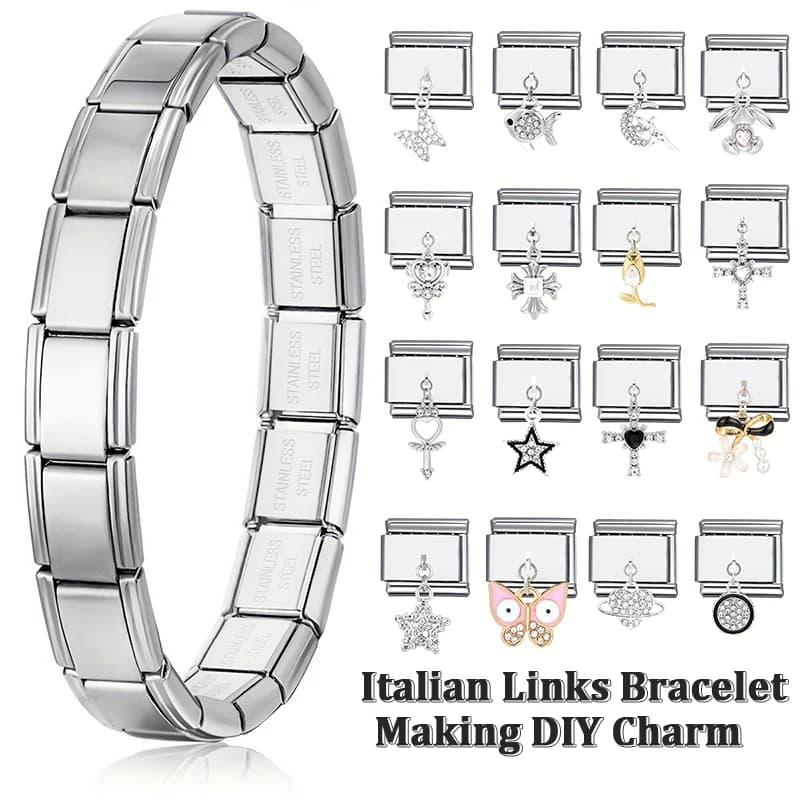 1PC Stainless Steel Charm Love Heart Cross Butterfly Pendant Italian Module DIY Splicing Links Bracelet Jewelry Findings