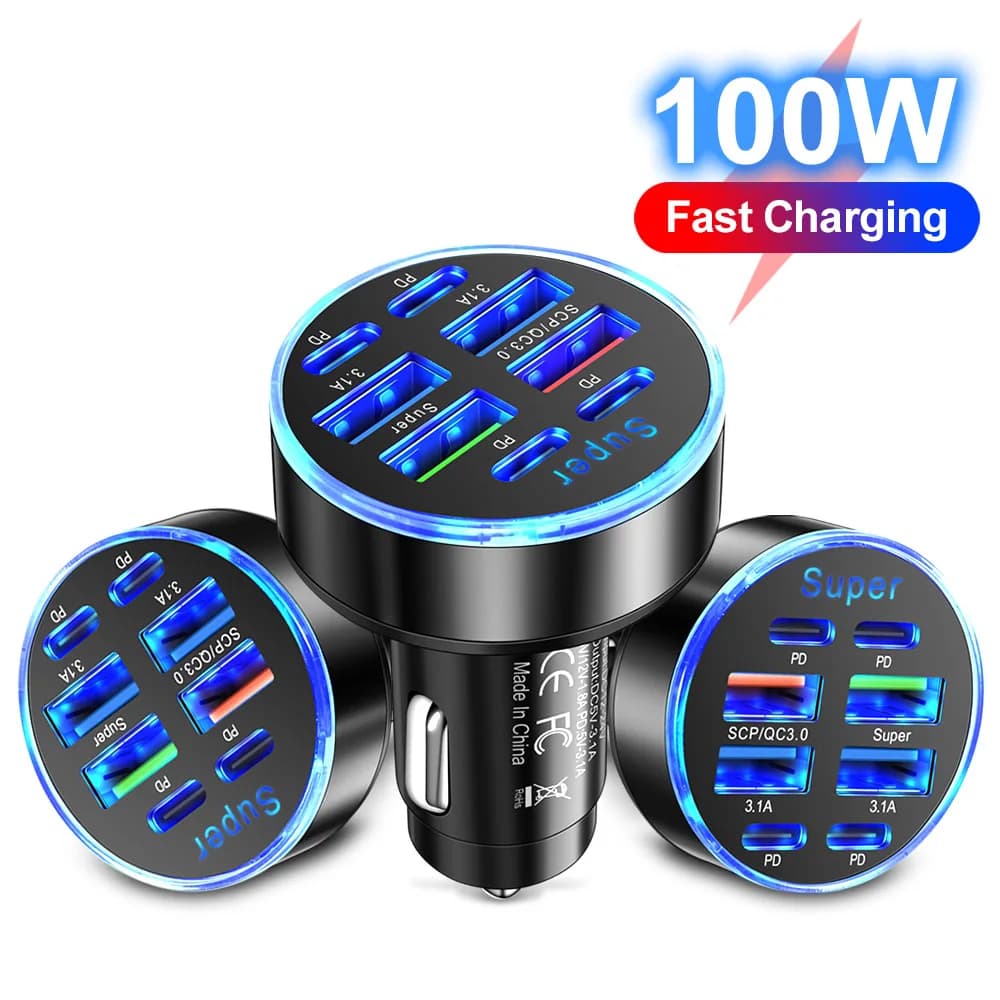 100W 8 Ports Car Charger Fast Charging PD QC3.0 USB C Car Phone Charger Type C Adapter in Car For iPhone Samsung Huawei Xiaomi