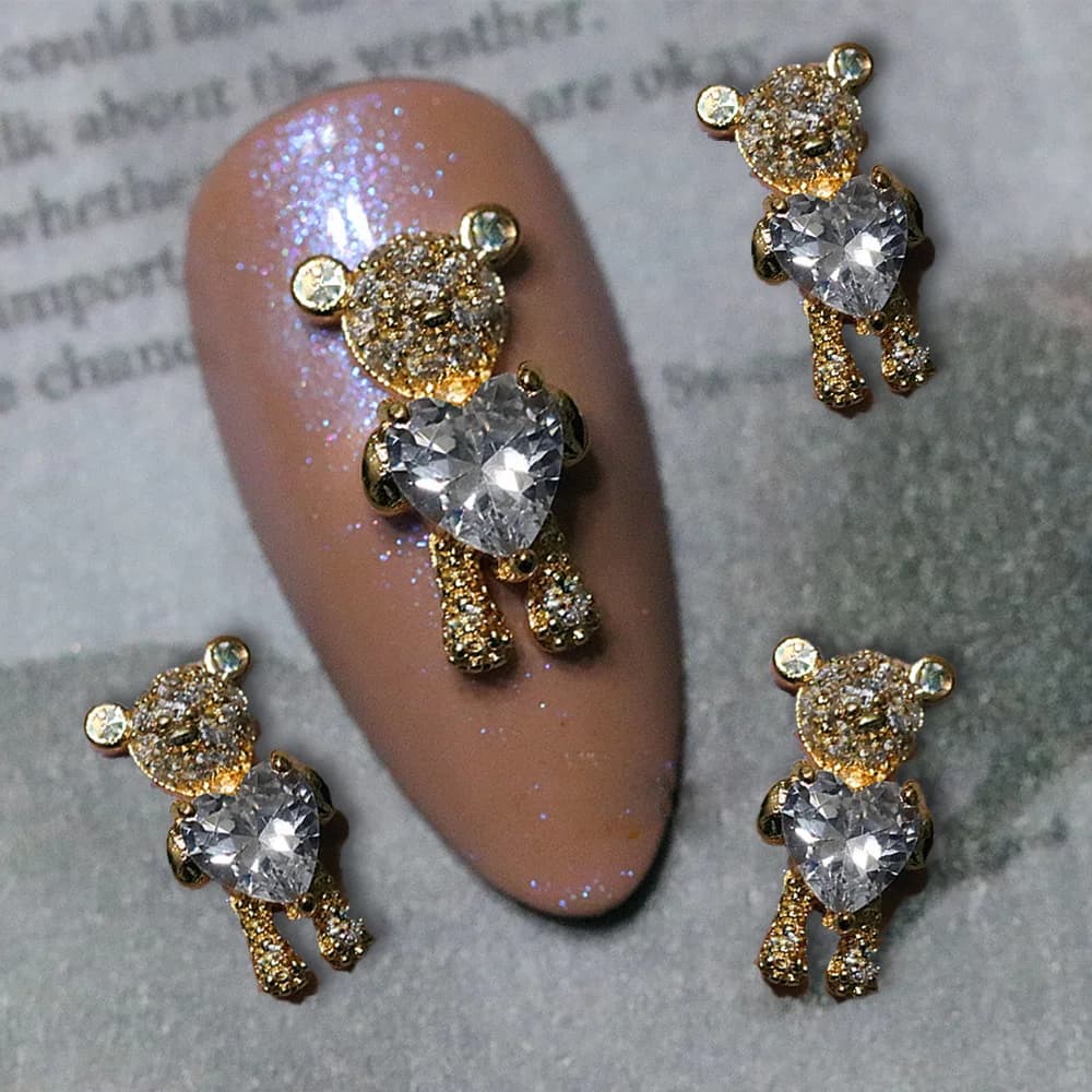 3D Luxury Zircon Alloy Bear 3D Nail Charms With Clear Love-Heart Crystal Metal Bear Nail Art 7X10mm/15mm DIY Kawaii Cute Bear &*