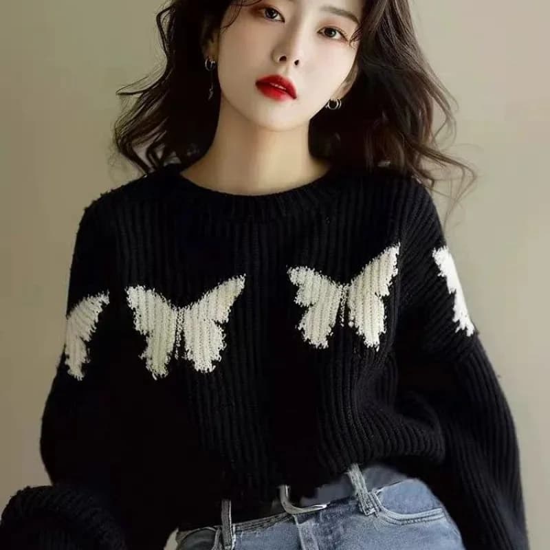 Sweater Female 2024 New Black Butterfly Print Knit Sweater Fall and Winter Korean Version Small Fragrance Wind Tide Brand Tops