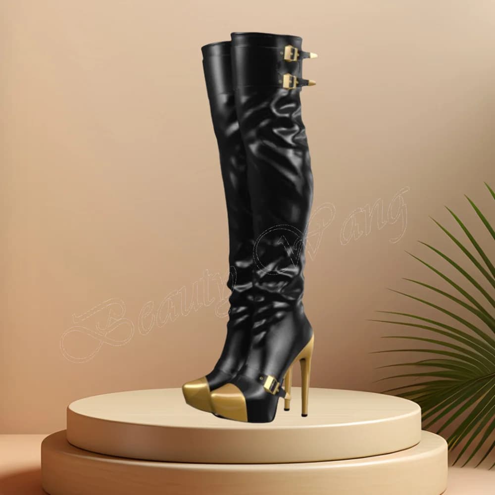 Black Gold Toe Buckle Decor Boots Platform Stilettos Heels Round Toe High Heel Shoes for Women High Heel 2024 Zapatillas Mujer