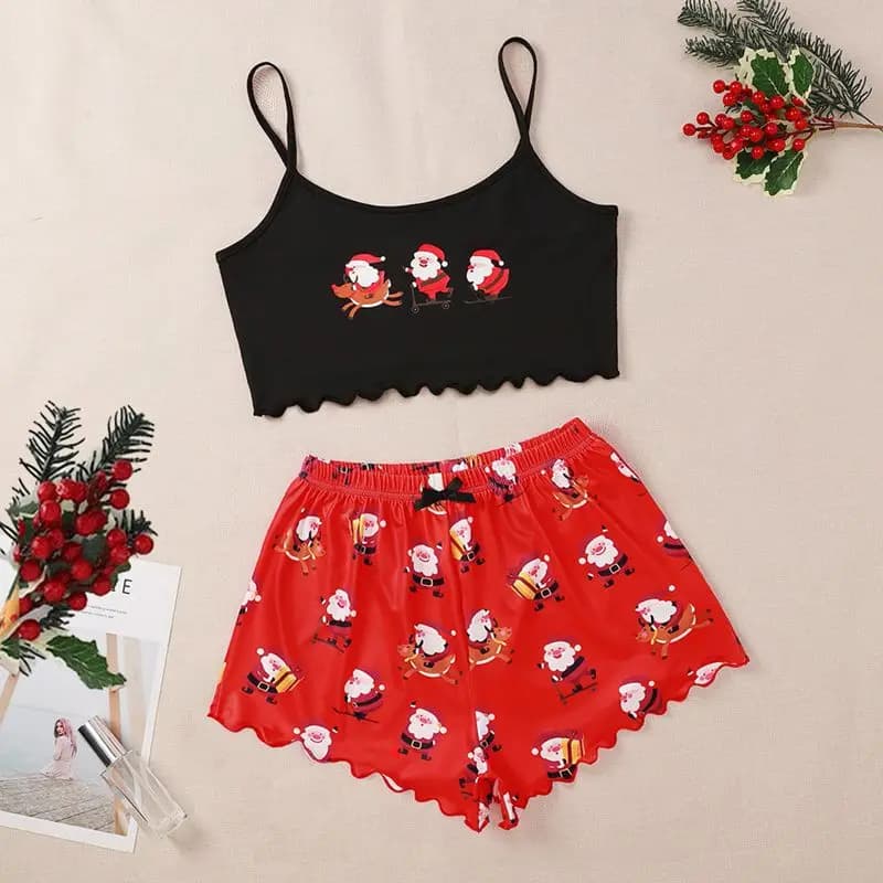 Christmas Sleepwear Women Pajamas Set Girls Nightwear Home Clothes Sleeveless Top with Shorts Pijamas Pyjamas Femme Lounge Suits