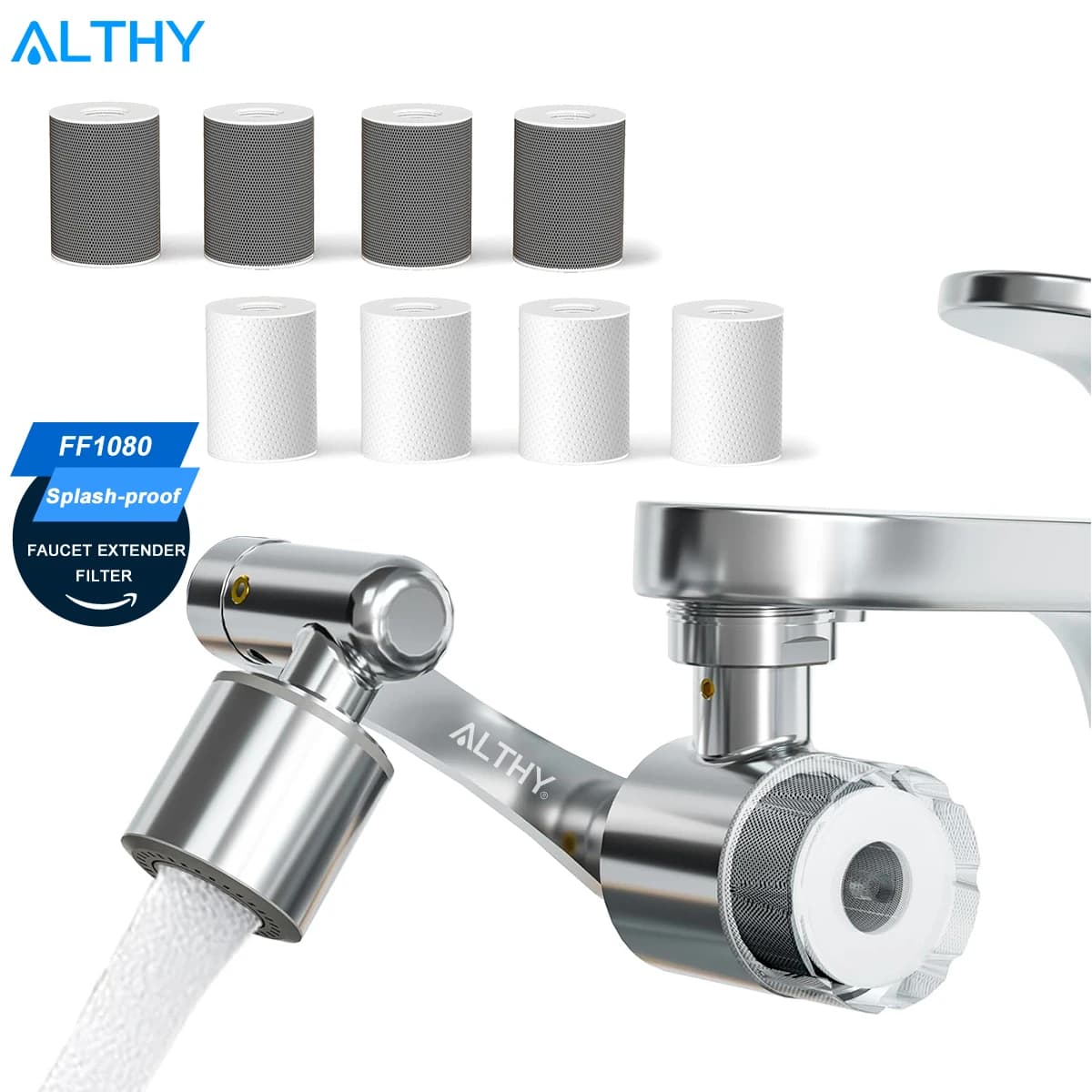 ALTHY Faucet Extender + Tap Aerator + Water Filter, Sink Splash-proof 1080° Rotating, Reduce Lead Chlorine Odor, 2 Spray Modes